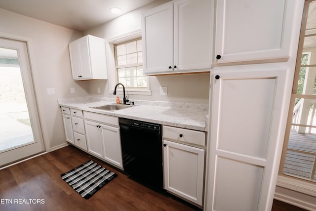 1799 Baker Hwy, Huntsville, TN 37756 - kitchen with dishwasher, a sink, dark wood-type flooring, white cabinetry, and light stone countertops