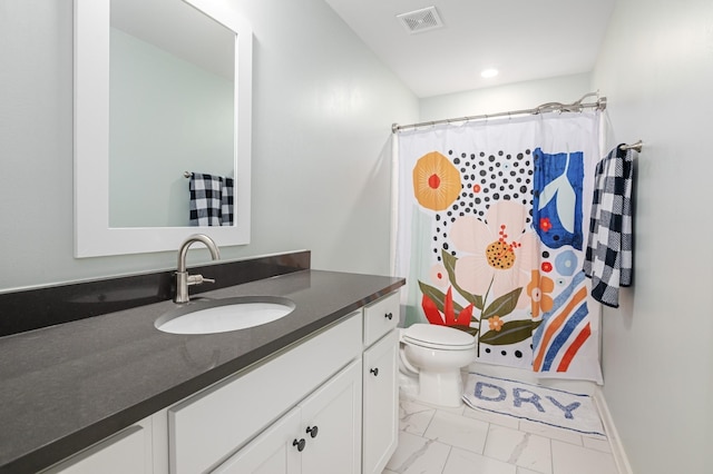 7546 Delancey Dr, College Grove, TN 37046 - full bathroom with vanity, marble finish flooring, toilet, and a shower with shower curtain