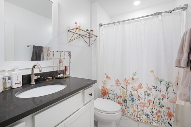 7546 Delancey Dr, College Grove, TN 37046 - bathroom with vanity, toilet, curtained shower, recessed lighting, and tile patterned flooring