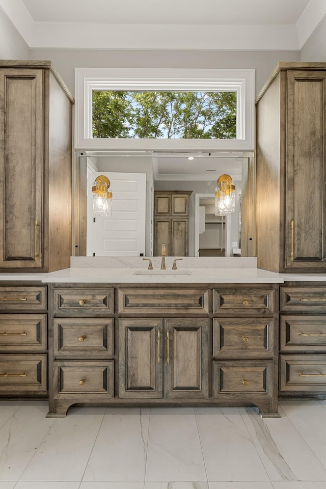 724 Bradshaw Rd, Lebanon, TN 37087 - bathroom with vanity, healthy amount of natural light, marble look tile flooring, and crown molding