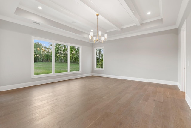 724 Bradshaw Rd, Lebanon, TN 37087 - empty room with a chandelier, wood finished floors, baseboards, beam ceiling, and recessed lighting