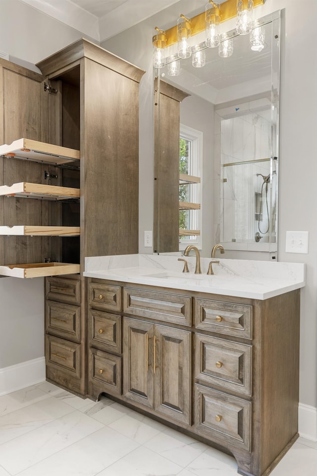 724 Bradshaw Rd, Lebanon, TN 37087 - bathroom with vanity, a shower, baseboards, and marble finish floors