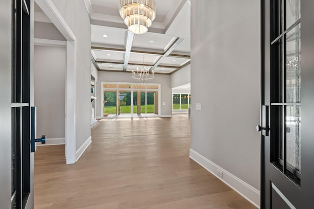 724 Bradshaw Rd, Lebanon, TN 37087 - entryway featuring a chandelier, coffered ceiling, beam ceiling, baseboards, and recessed lighting