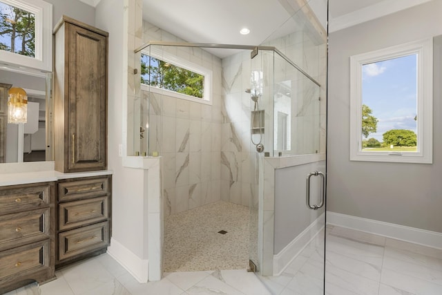 724 Bradshaw Rd, Lebanon, TN 37087 - full bathroom with baseboards, marble look tiles, a stall shower, recessed lighting, and vanity