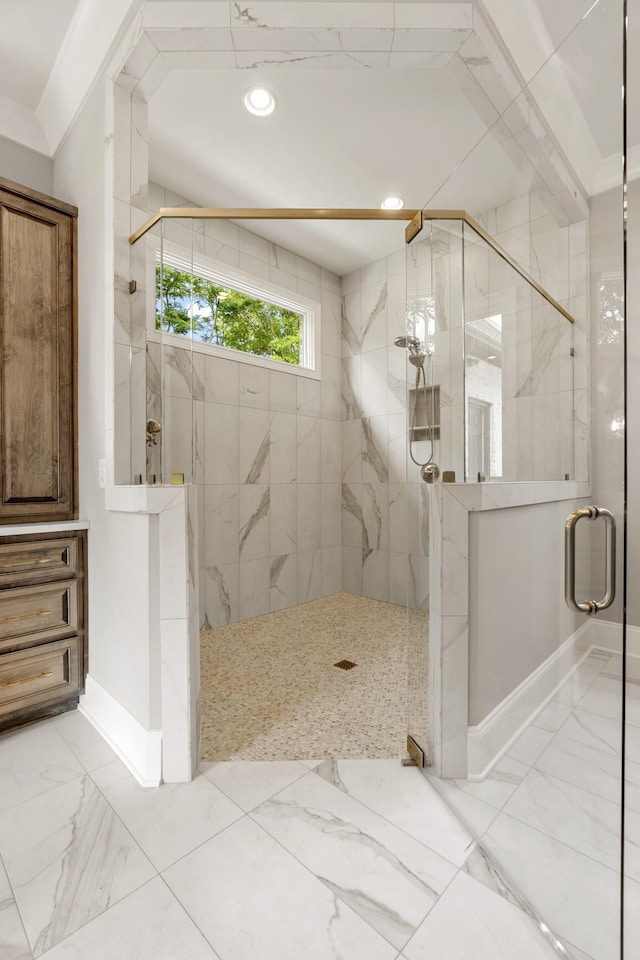 724 Bradshaw Rd, Lebanon, TN 37087 - bathroom with baseboards, marble finish flooring, a marble finish shower, and recessed lighting