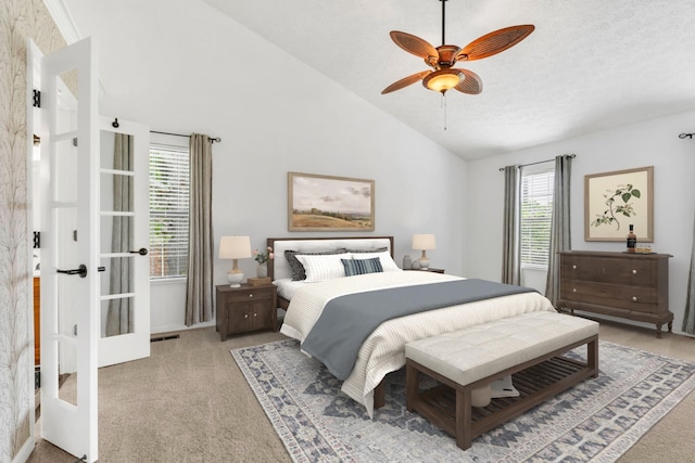 4132 Philhall Pkwy, Antioch, TN 37013 - bedroom with carpet flooring, high vaulted ceiling, a ceiling fan, and french doors