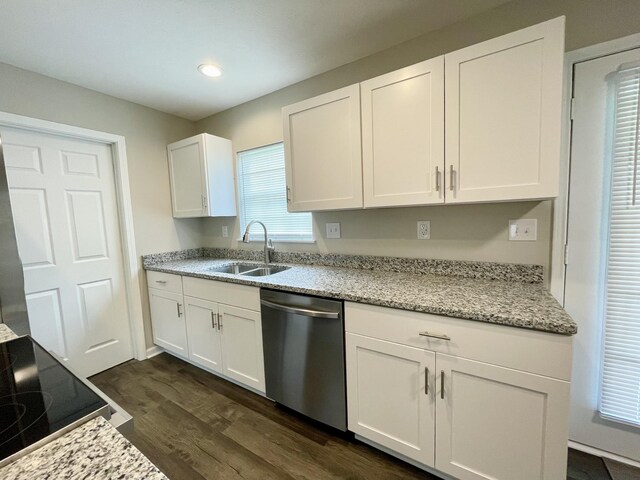 1004 E Railroad St, Waverly, TN 37185 - kitchen featuring dishwasher, a sink, dark wood finished floors, white cabinetry, and recessed lighting