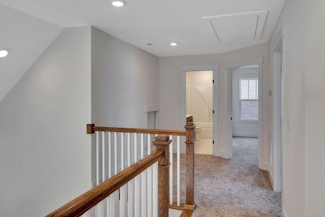1038 Camden Trl, Greenbrier, TN 37073 - hallway featuring an upstairs landing, carpet flooring, attic access, and recessed lighting