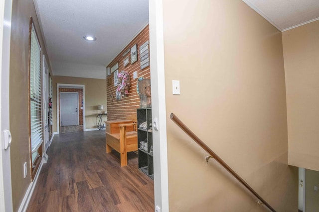813 Stiner Ln, La Follette, TN 37766 - hallway featuring an upstairs landing, wood finished floors, recessed lighting, baseboards, and crown molding