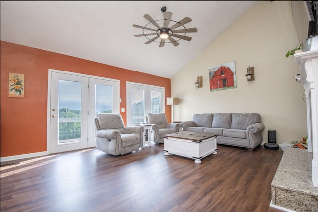813 Stiner Ln, La Follette, TN 37766 - living area featuring ceiling fan, dark wood-type flooring, and high vaulted ceiling