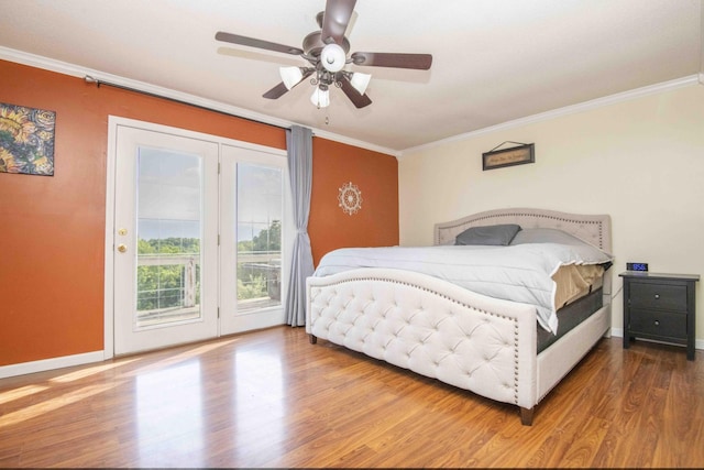 813 Stiner Ln, La Follette, TN 37766 - bedroom featuring access to exterior, ornamental molding, wood finished floors, baseboards, and a ceiling fan