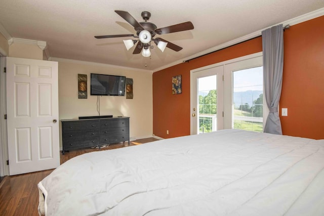 813 Stiner Ln, La Follette, TN 37766 - bedroom with access to outside, crown molding, dark wood finished floors, ceiling fan, and baseboards