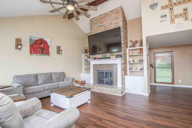 813 Stiner Ln, La Follette, TN 37766 - living room featuring a ceiling fan, wood finished floors, high vaulted ceiling, a high end fireplace, and baseboards