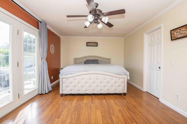 813 Stiner Ln, La Follette, TN 37766 - bedroom with access to exterior, light wood-type flooring, baseboards, ornamental molding, and ceiling fan