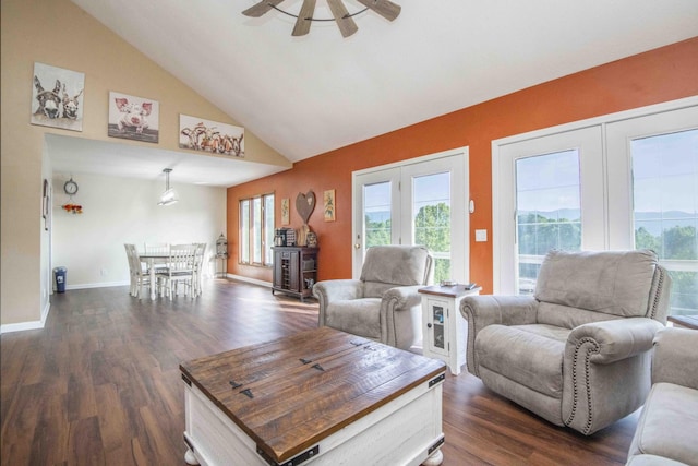 813 Stiner Ln, La Follette, TN 37766 - living room with plenty of natural light, ceiling fan, dark wood-style flooring, high vaulted ceiling, and baseboards