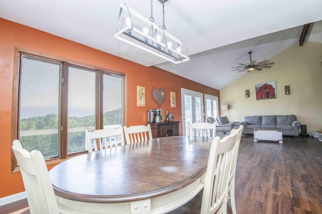 813 Stiner Ln, La Follette, TN 37766 - dining space featuring dark wood-style flooring, lofted ceiling, a ceiling fan, and a chandelier