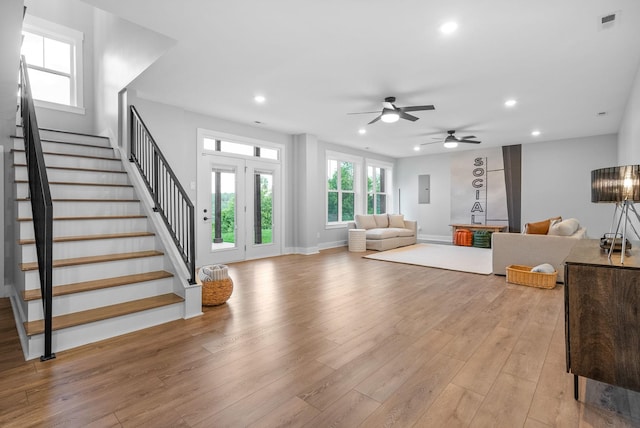 179 Deer Path Ct, Smithville, TN 37166 - living room with stairs, healthy amount of natural light, recessed lighting, ceiling fan, and light wood-style floors
