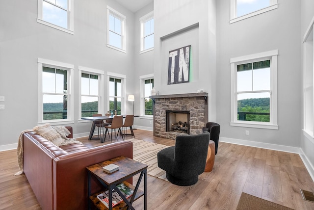 179 Deer Path Ct, Smithville, TN 37166 - living area with a high ceiling, wood finished floors, baseboards, and a fireplace