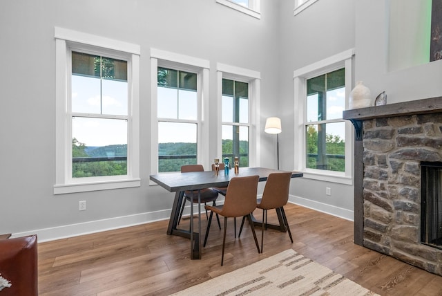 179 Deer Path Ct, Smithville, TN 37166 - dining area with baseboards, a fireplace, wood finished floors, and a high ceiling