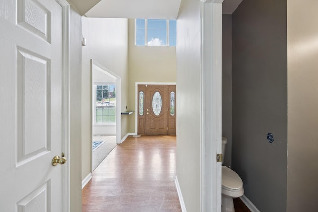 205 Caneel Cv, Hermitage, TN 37076 - bathroom featuring toilet, wood finished floors, baseboards, and a towering ceiling