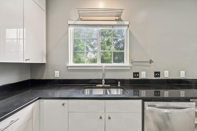 205 Caneel Cv, Hermitage, TN 37076 - kitchen featuring dishwasher, a sink, white cabinets, and dark stone counters