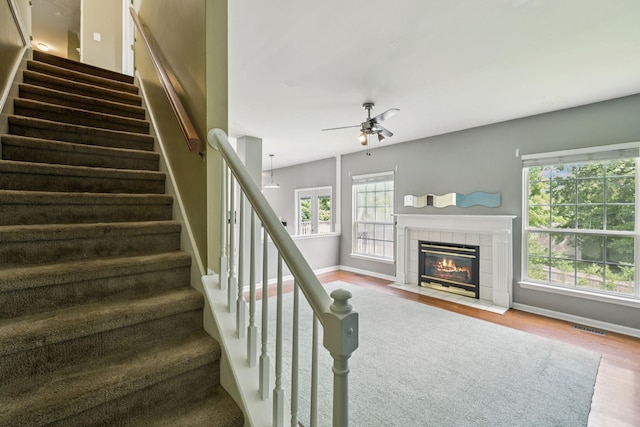 205 Caneel Cv, Hermitage, TN 37076 - staircase featuring wood finished floors, a ceiling fan, baseboards, and a tile fireplace