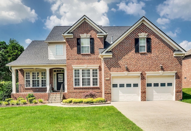 8825 Caswick Ct, Nolensville, TN 37135 - traditional-style house with brick siding, driveway, a front lawn, and roof with shingles