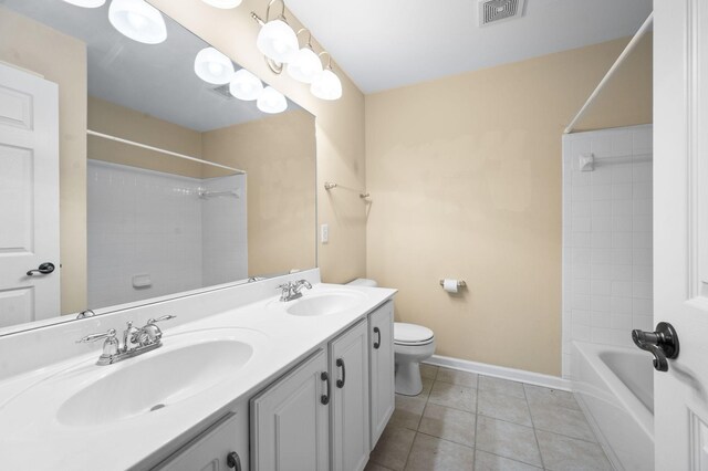 8825 Caswick Ct, Nolensville, TN 37135 - bathroom featuring toilet, double vanity, tile patterned floors, baseboards, and shower / washtub combination