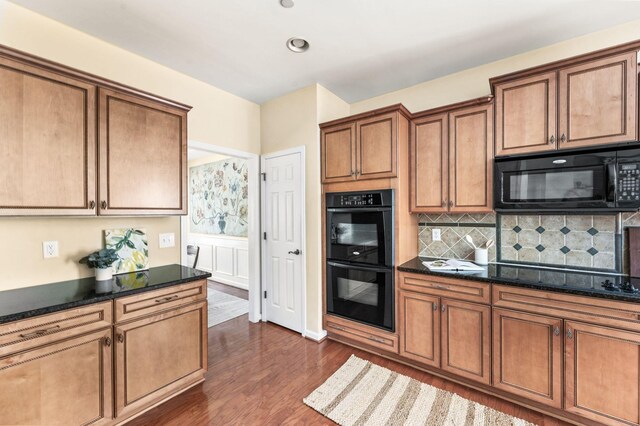 8825 Caswick Ct, Nolensville, TN 37135 - kitchen with black appliances, backsplash, brown cabinetry, dark wood-style floors, and recessed lighting