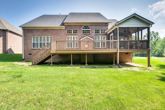 8825 Caswick Ct, Nolensville, TN 37135 - rear view of house featuring a sunroom, a wooden deck, a lawn, stairs, and brick siding