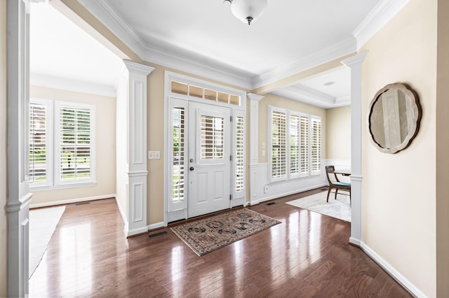 8825 Caswick Ct, Nolensville, TN 37135 - entryway with ornate columns, ornamental molding, wood finished floors, and wainscoting