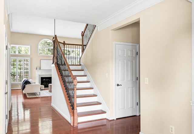 8825 Caswick Ct, Nolensville, TN 37135 - stairs with a glass covered fireplace, wood finished floors, and baseboards