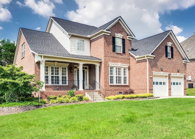 8825 Caswick Ct, Nolensville, TN 37135 - view of front facade with brick siding, covered porch, a front yard, and roof with shingles