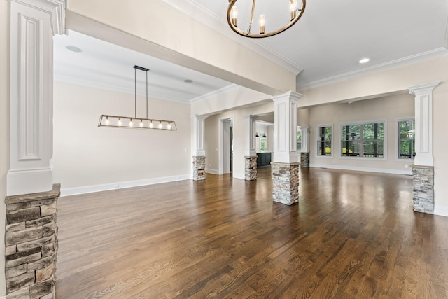 2006 Lynnhaven Ct, Mount Juliet, TN 37122 - unfurnished living room featuring ornate columns, crown molding, wood finished floors, a chandelier, and baseboards