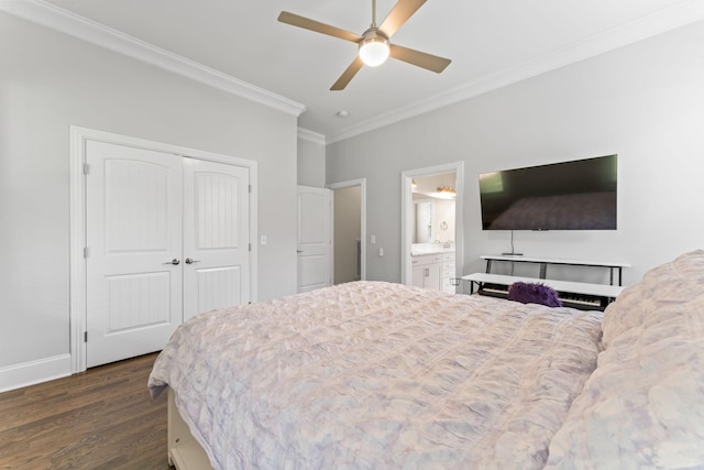 2006 Lynnhaven Ct, Mount Juliet, TN 37122 - bedroom with ornamental molding, dark wood finished floors, baseboards, a closet, and a ceiling fan