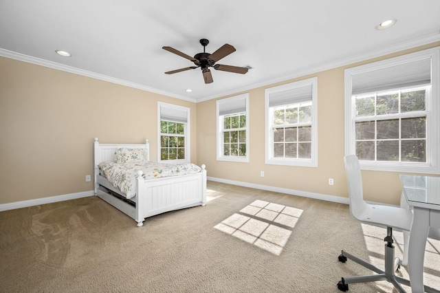 2245 Alexander Blvd, Murfreesboro, TN 37130 - bedroom with baseboards, ornamental molding, light colored carpet, recessed lighting, and a ceiling fan
