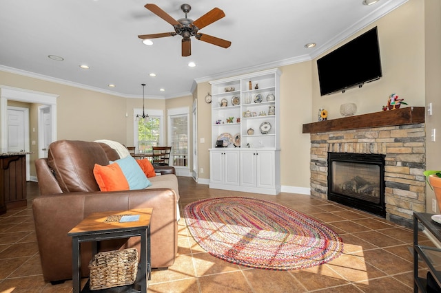 2245 Alexander Blvd, Murfreesboro, TN 37130 - living room with ceiling fan, a fireplace, crown molding, recessed lighting, and baseboards