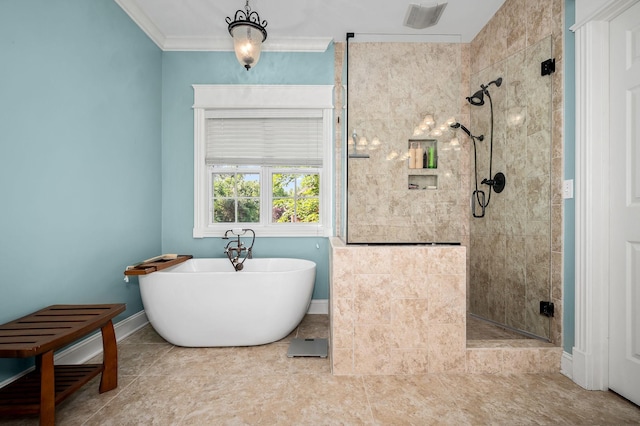 2245 Alexander Blvd, Murfreesboro, TN 37130 - bathroom featuring tiled shower, a freestanding tub, crown molding, baseboards, and tile patterned floors