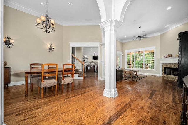 2245 Alexander Blvd, Murfreesboro, TN 37130 - dining space featuring ornate columns, a premium fireplace, recessed lighting, wood finished floors, and ceiling fan