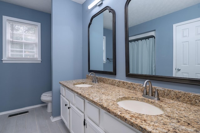 115 Pin Oaks Ln, Hohenwald, TN 38462 - bathroom with toilet, baseboards, double vanity, and a textured ceiling