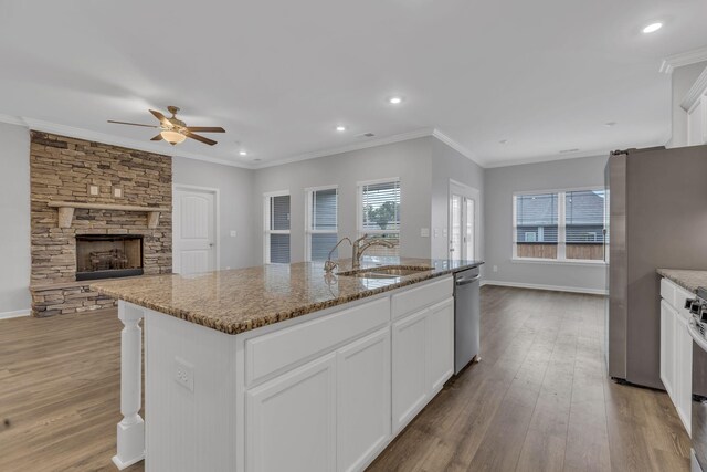 4015 Brazelton Way, Fairview, TN 37062 - kitchen featuring a sink, stainless steel appliances, ceiling fan, wood finished floors, and crown molding