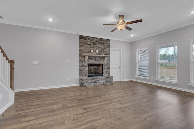 4015 Brazelton Way, Fairview, TN 37062 - unfurnished living room featuring a ceiling fan, wood finished floors, crown molding, a fireplace, and baseboards