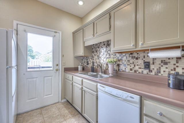 302 Laurel Hill Dr, Old Hickory, TN 37138 - kitchen featuring white appliances, a sink, decorative backsplash, and light tile patterned floors