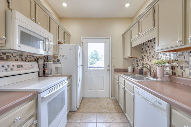 302 Laurel Hill Dr, Old Hickory, TN 37138 - kitchen with white appliances, a sink, backsplash, light countertops, and recessed lighting