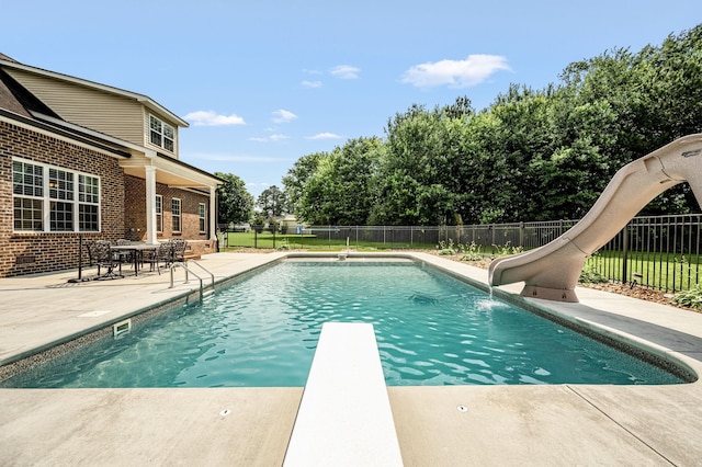 167 Lancaster St, Hillsboro, TN 37342 - view of swimming pool with a water slide, a patio, and a diving board