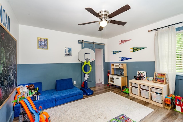 349 Dawn Dr, Cedar Hill, TN 37032 - playroom featuring a barn door, wood finished floors, healthy amount of natural light, and ceiling fan