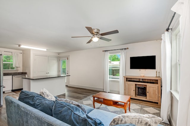 349 Dawn Dr, Cedar Hill, TN 37032 - living room with a ceiling fan, wood finished floors, and baseboards
