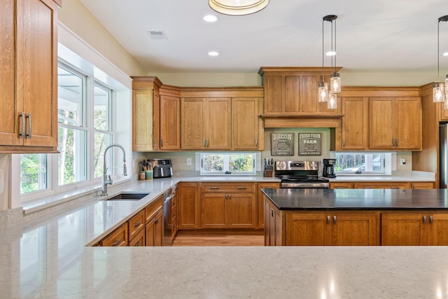 2825 Oregon Rd, Milton, TN 37118 - kitchen with appliances with stainless steel finishes, a sink, light wood-type flooring, decorative light fixtures, and brown cabinets