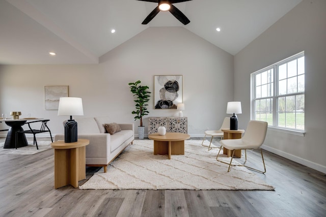 1502 Rock Springs Rd, Cumberland Furnace, TN 37051 - living room featuring wood finished floors, a ceiling fan, baseboards, recessed lighting, and high vaulted ceiling