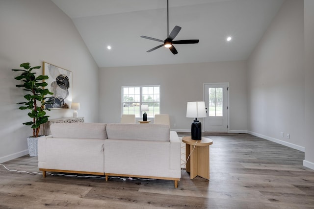 1502 Rock Springs Rd, Cumberland Furnace, TN 37051 - living room with high vaulted ceiling, ceiling fan, wood finished floors, recessed lighting, and baseboards